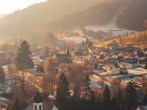 Snowy village in a valley surrounded by rolling hills and forest in warm evening light,