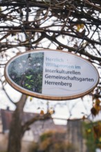 Wooden sign with a greeting in the Herrenberg intercultural community garden, Herrenberg, Böblingen