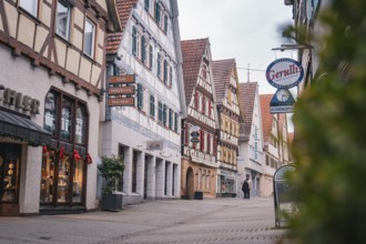 A picturesque old town street with half-timbered buildings and shops that captures a historic city