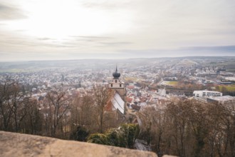 Extensive city view with a church tower in the foreground and a wide landscape, Herrenberg,