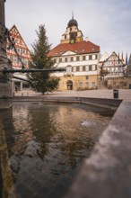 Historic townscape with half-timbered houses, a fountain and a decorated Christmas tree,