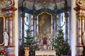 Interior view, choir room, altar, Catholic Saint Barbara church from 1783, baroque, Christmas
