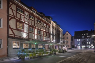 Historic half-timbered houses in Irrerstraße in evening lighting, Nuremberg, Middle Franconia,