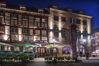 Historic residential buildings in Irrerstraße in evening lighting, Nuremberg, Middle Franconia,