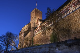 The Nuremberg Kaiserburg in evening lighting, blue evening sky, Mount of Olives, Nuremberg,
