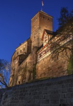 The Nuremberg Kaiserburg in evening lighting, blue evening sky, Mount of Olives, Nuremberg,