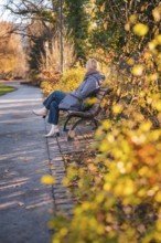 Woman sitting on park bench along an autumnal path, Stadtgarten Pforzheim, Germany