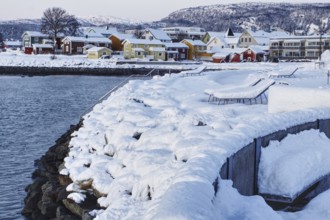 Wintery houses on snow-covered shore, Mo i Rana, Norway