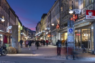 Pedestrian zone in evening lighting, evening sky, Fürth, Middle Franconia, Bavaria, Germany