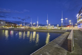 Boat harbor, water area, general architecture, modern buildings, abstract reflections on the water
