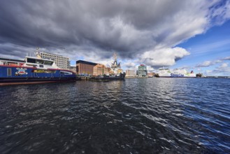 Kiel Fjord, port, pier, passenger ship, port and sea tug, ferry ship, general architecture, brick