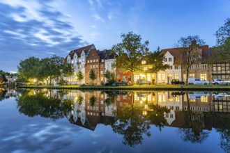Lübeck's old town and the river Trave at dusk, Lübeck, Schleswig-Holstein, Germany