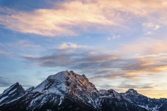 Snow-covered Watzmann in evening light, Hirscheck, Ramsau, Berchtesgadener Land, Upper Bavaria,