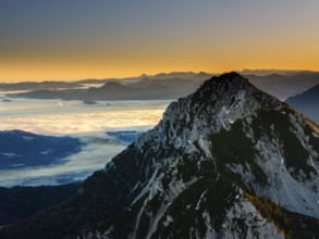 Sunrise in the mountains, view of Salzburg with fog, Hochstaufen, Zwiesel, Bad Reichenhall,