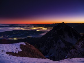 Dawn in the mountains, view of Salzburg with fog, Hochstaufen, Zwiesel, Bad Reichenhall,
