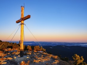 Sunrise at Zwiesel summit cross, Bad Reichenhall, Berchtesgadener Land, Upper Bavaria, Bavaria,