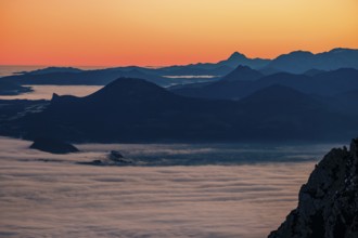 Dawn in the mountains, view of Salzburg with fog, rear silhouette of mountain ranges, Zwiesel, Bad