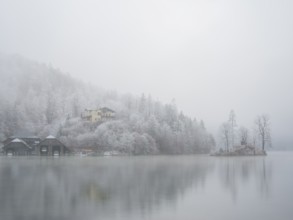 View across Königssee to boathouses, Christlieger island and frozen trees in fog, Schönau am