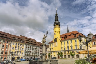 Ritter-Dutschmann-Brunnen and Town Hall on the main market in Bautzen, Upper Lusatia, Saxony,