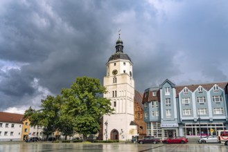 Market square and Paul-Gerhardt church in Lübben in the Spreewald, Brandenburg, Germany