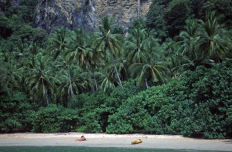 Palm trees, people, kayak, Ao Nang beach, two years in front of the tsunami, Krabi, Thailand,