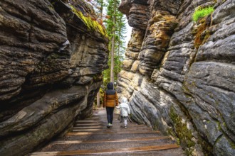 Tourists walking down wooden stairs surrounded by towering rock formations and lush greenery at