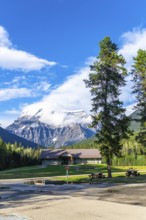 Mount robson provincial park visitor center welcoming tourists with breathtaking views of mount