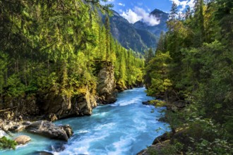 Turquoise water flows rapidly through a canyon surrounded by lush green forest and mountains in