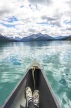 Canoeing on maligne lake in jasper national park, alberta, showcases breathtaking views of the