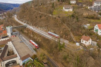 Two trains travel through an urban area with hills and buildings, surrounded by winter vegetation,