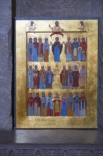 Orthodox icon on gold background depicting saints in solemn style, Svetitskhoveli Cathedral,