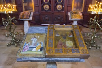 Two wooden icon panels with a biblical scene in a church setting, Svetitskhoveli Cathedral,
