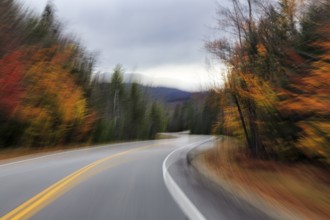 Winding country road through forest, autumn leaves, Indian summer, dark rain clouds, smudge effect,