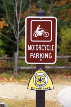 Motorcycle parking sign, White Mountain National Forest, Kancamagus Highway, New Hampshire, New