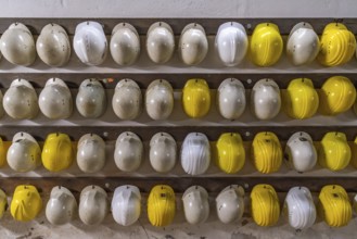Miners' helmets at the entrance to the tunnel in the coal world, Steinkohlebergbau Sachsen Museum,