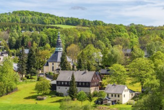 Residential buildings and landmarks of the historic mountain church, in the back forest, health