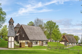 Historic houses with half-timbered timber and shingles under trees in the Seiffen open-air museum,