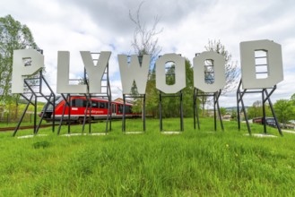 Sculpture, plywood art installation in the form of Hollywood lettering by artist Jay Gard, in the