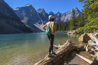 Female tourist standing on a log and admiring the turquoise waters of moraine lake, framed by the