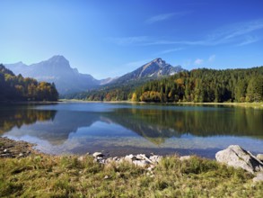 Autumn-colored forest is reflected in Obersee, Näfels, Canton of Glarus, Switzerland