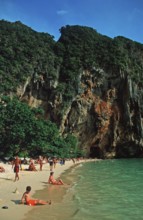 People bathing and sunbathing on Pranang Cave beach, two years in front of the tsunami, Krabi,