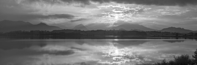 Sunset panorama, Hopfensee, Hopfen am See, near Füssen, Ostallgäu, Allgäu, Bavaria, Germany