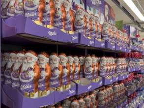 Huge large shelf with chocolate Santa Claus chocolate Santa Claus chocolate Santa Claus chocolate