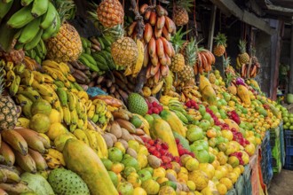 Shelf of many fresh fruits, fresh fruit stall, concept of fruits and healthy food, sale of various