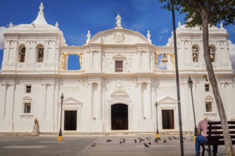 Colonial cathedral, Leon Nicaragua cathedral, view of a cathedral with blue sky. Leon, Nicaragua,