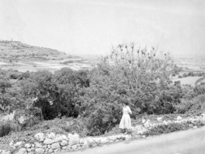 Young woman wearing summer dress standing in rural countryside area, Island of Gozo, Malta, Europe,