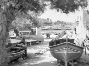 Fishing boats at village of Xlendi Beach, Island of Gozo, Malta, Europe, 1956
