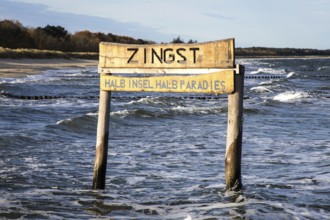Wooden poles in the sea with wooden sign Zingst Half Island Half Paradise, Zingst,