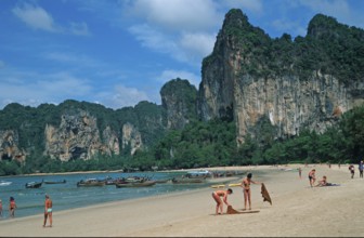 People, longtail boats, beach, Railay West, two years in front of the tsunami, Krabi, Thailand,