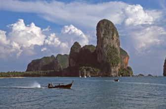 Longtail boats, rocks in the sea, Railay East, two years in front of the tsunami, Krabi, Thailand,